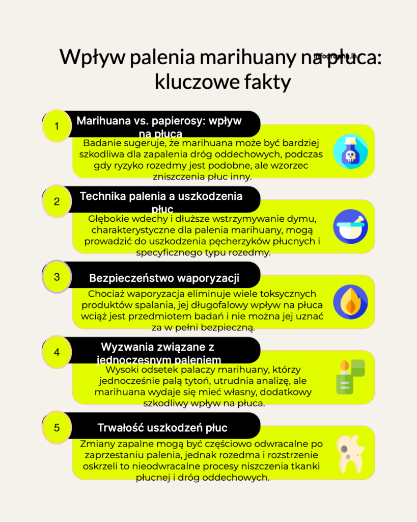 Konsumpcja marihuany na świecie rośnie, a jej legalizacja w coraz większej liczbie krajów sprawia, że staje się ona produktem codziennego użytku. O ile dobrze znamy niszczący wpływ palenia tytoniu na płuca, o tyle wiedza na temat skutków palenia marihuany, oparta na twardych danych obrazowych, jest wciąż zaskakująco ograniczona. Pacjenci i lekarze potrzebują rzetelnych informacji, aby podejmować świadome decyzje. Nowe badanie, wykorzystujące tomografię komputerową klatki piersiowej, dostarcza jednych z pierwszych, bezpośrednich dowodów na to, jak palenie marihuany "wygląda" od środka.
Palenie marihuany a zdrowie płuc: co widać w tomografii komputerowej?
Wraz z rosnącą popularnością i legalizacją marihuany, coraz więcej osób zastanawia się nad jej długofalowym wpływem na zdrowie. Chociaż od dawna wiadomo, że palenie marihuany może prowadzić do objawów takich jak kaszel i świszczący oddech, brakowało solidnych dowodów obrazowych, które pokazałyby, jakie zmiany zachodzą w samych płucach. Przełomowe badanie opublikowane w prestiżowym czasopiśmie Radiology porównuje obrazy z tomografii komputerowej (TK) klatki piersiowej palaczy marihuany, palaczy tytoniu i osób niepalących, dając nam bezprecedensowy wgląd w ten problem.
Jak przeprowadzono badanie?
Naukowcy z The Ottawa Hospital w Kanadzie przeprowadzili retrospektywne badanie kliniczno-kontrolne, analizując obrazy TK klatki piersiowej wykonane w latach 2005-2020. Porównali trzy grupy pacjentów:
Palacze marihuany (56 osób): Osoby regularnie palące marihuanę.
Osoby niepalące (57 osób): Grupa kontrolna.
Palacze tytoniu (33 osoby): Osoby palące wyłącznie tytoń.
Aby porównanie było jak najbardziej wiarygodne, stworzono również podgrupy dopasowane pod względem wieku i płci, w których porównywano palaczy marihuany i palaczy tytoniu w wieku powyżej 50 lat. Dwoje doświadczonych radiologów, nieznających historii pacjentów, oceniało obrazy pod kątem obecności rozedmy płuc, zmian zapalnych w drogach oddechowych i innych patologii.
Kluczowe odkrycia: marihuana bardziej szkodliwa dla dróg oddechowych
Wyniki badania są uderzające i wskazują, że palenie marihuany wiąże się ze znacznie wyższym wskaźnikiem zmian zapalnych w drogach oddechowych niż palenie samego tytoniu.
Zmiana w drogach oddechowych	Palacze marihuany	Palacze tytoniu	Osoby niepalące
Pogrubienie ścian oskrzeli	64%	42%	11%
Rozstrzenie oskrzeli	23%	6%	4%
Zaleganie śluzu	46%	15%	2%
Wszystkie te zmiany – pogrubienie ścian, trwałe rozszerzenie (rozstrzenie) i zaleganie wydzieliny – są radiologicznymi objawami zapalenia dróg oddechowych. Wyższe wskaźniki u palaczy marihuany są szczególnie alarmujące, biorąc pod uwagę, że grupa palaczy tytoniu miała znacznie dłuższą historię palenia (średnio 40 paczkolat).
Rozedma płuc: inny wzorzec zniszczenia
Rozedma, czyli nieodwracalne zniszczenie pęcherzyków płucnych, występowała znacznie częściej u palaczy marihuany (75%) niż u osób niepalących (5%). Co ciekawe, w porównaniu z palaczami tytoniu (67%), ogólna częstość rozedmy nie różniła się znacząco w głównej grupie.
Jednak kluczowa różnica pojawiła się po uwzględnieniu wieku. W dopasowanej wiekowo grupie powyżej 50 lat, rozedma występowała aż u 93% palaczy marihuany w porównaniu do 67% u palaczy tytoniu.
Co więcej, typ rozedmy był inny. U palaczy marihuany dominowała rozedma okołoprzegrodowa (paraseptalna), która dotyczy obwodowych części płuc. U palaczy tytoniu częstsza była rozedma środkowej części zrazika (centrilobularna). Różnica ta może wynikać ze specyficznej techniki inhalacji dymu marihuany – głębsze wdechy i dłuższe wstrzymywanie oddechu mogą prowadzić do mikrourazów ciśnieniowych (barotraumy) w pęcherzykach płucnych na obrzeżach płuc.
Inne obserwacje: ginekomastia
Badanie potwierdziło również znany z wcześniejszych doniesień związek między paleniem marihuany a ginekomastią (powiększeniem gruczołów piersiowych u mężczyzn). Występowała ona u 38% palaczy marihuany, w porównaniu do 16% w grupie kontrolnej i 11% u palaczy tytoniu.
Co to dla nas oznacza?
To badanie dostarcza silnych dowodów na to, że palenie marihuany nie jest obojętne dla płuc. Powoduje ono wyraźne i mierzalne zmiany zapalne w drogach oddechowych, które są nawet bardziej nasilone niż u osób palących wyłącznie tytoń. Prowadzi również do rozwoju rozedmy płuc, często o innym wzorcu niż w przypadku palenia papierosów.
Autorzy podkreślają, że badanie ma pewne ograniczenia (m.in. niewielka grupa badana i retrospektywny charakter), a do wyciągnięcia ostatecznych wniosków potrzebne są dalsze, większe badania. Jednak w dobie rosnącej konsumpcji marihuany, te wyniki są ważnym sygnałem ostrzegawczym i podkreślają konieczność prowadzenia rzetelnej edukacji na temat potencjalnych zagrożeń zdrowotnych.
Najczęściej zadawane pytania (FAQ)
Czy to badanie dowodzi, że palenie marihuany jest gorsze niż palenie papierosów?
Badanie sugeruje, że w kontekście zapalenia dróg oddechowych (pogrubienie ścian oskrzeli, rozstrzenie), palenie marihuany może być bardziej szkodliwe. W przypadku rozedmy, ogólne ryzyko jest podobne, ale wzorzec zniszczenia płuc jest inny i może pojawiać się częściej w starszym wieku. Potrzebne są jednak dalsze badania, aby w pełni porównać te dwa nałogi.
Dlaczego palenie marihuany powoduje inny typ rozedmy?
Hipoteza jest taka, że wynika to z techniki palenia. Użytkownicy marihuany często biorą głębsze wdechy i wstrzymują dym w płucach na dłużej (tzw. manewr Valsalvy). Może to prowadzić do gwałtownych skoków ciśnienia w obwodowych częściach płuc i uszkodzenia delikatnych pęcherzyków płucnych, co w obrazie TK widać jako rozedmę okołoprzegrodową.
Czy waporyzacja marihuany jest bezpieczniejsza dla płuc?
To badanie skupiało się na paleniu marihuany i nie analizowało innych form jej przyjmowania. Chociaż waporyzacja eliminuje wiele toksycznych produktów spalania, jej długofalowy wpływ na płuca wciąż jest przedmiotem intensywnych badań i nie można jej uznać za w pełni bezpieczną.
Czy badanie uwzględniało, że wielu palaczy marihuany pali również papierosy?
Tak, autorzy zdawali sobie z tego sprawę i jest to jedno z głównych ograniczeń. Aż 89% palaczy marihuany w badaniu było również palaczami tytoniu. Utrudnia to oddzielenie efektów obu substancji. Jednak porównanie z grupą palącą wyłącznie tytoń wciąż wykazało znacząco wyższe wskaźniki zmian zapalnych, co sugeruje, że marihuana ma swój własny, dodatkowy, szkodliwy wpływ.
Czy te zmiany w płucach są odwracalne?
Zmiany zapalne, takie jak pogrubienie ścian oskrzeli, mogą być częściowo odwracalne po zaprzestaniu palenia. Jednak rozedma płuc, czyli zniszczenie pęcherzyków, jest procesem nieodwracalnym. Podobnie rozstrzenie oskrzeli to trwałe uszkodzenie struktury dróg oddechowych.
Publikacje wykonane przez nas w podobnej tematyce
Długofalowe skutki waporyzacji (e-papierosów) na obraz płuc w tomografii komputerowej o wysokiej rozdzielczości (HRCT).
Zastosowanie ilościowej analizy TK (densytometrii) do oceny progresji rozedmy u palaczy marihuany vs. palaczy tytoniu.
Związek między paleniem marihuany a ryzykiem samoistnej odmy opłucnowej: przegląd systematyczny i metaanaliza.
Wpływ kannabinoidów na układ odpornościowy w płucach: badanie na modelach komórkowych i zwierzęcych.
Obrazowanie czynnościowe płuc (np. TK z podwójną energią) w ocenie zaburzeń perfuzji u młodych palaczy marihuany.
Pomysł na doktorat
Tytuł: Prospektywne, wieloośrodkowe badanie oceniające progresję zmian w płucach u palaczy marihuany, palaczy tytoniu i osób używających obu substancji z wykorzystaniem ilościowej tomografii komputerowej i badań czynnościowych.
Opis: Projekt zakładałby rekrutację dużej kohorty pacjentów z różnych grup i regularne (np. co 2-3 lata) wykonywanie u nich tomografii komputerowej klatki piersiowej oraz zaawansowanych badań czynnościowych płuc (np. pletyzmografii, badania dyfuzji). Zastosowanie oprogramowania do ilościowej analizy obrazów pozwoliłoby na obiektywny pomiar progresji rozedmy i zmian w drogach oddechowych, co umożliwiłoby precyzyjne określenie niezależnego wpływu marihuany i jej interakcji z tytoniem.

